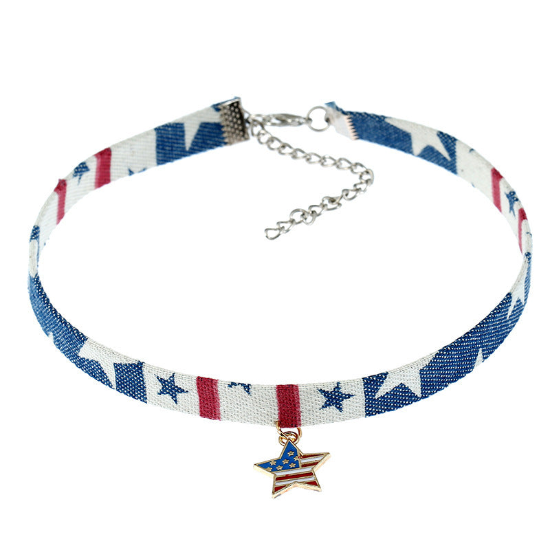 Wholesale Denim Necklace Five-Pointed Star Flag Independence Day Necklace
